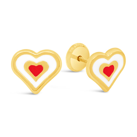 14K Yellow Gold Medium Red and White Heart Enamel Screwback Earrings