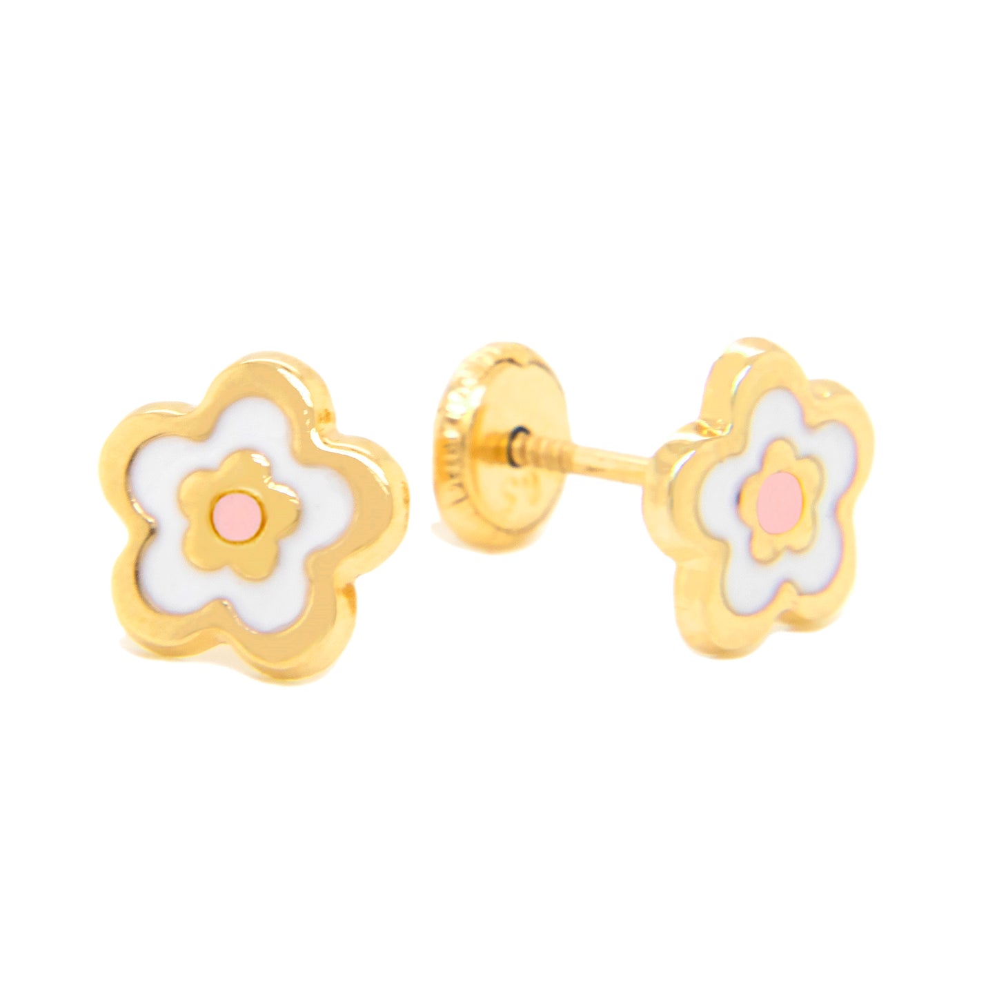 14K Yellow Gold White and Pink Flower Enamel Screwback Earrings
