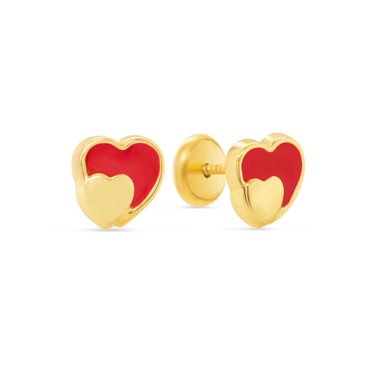 14K Yellow Gold Red Heart Enamel Screwback Earrings