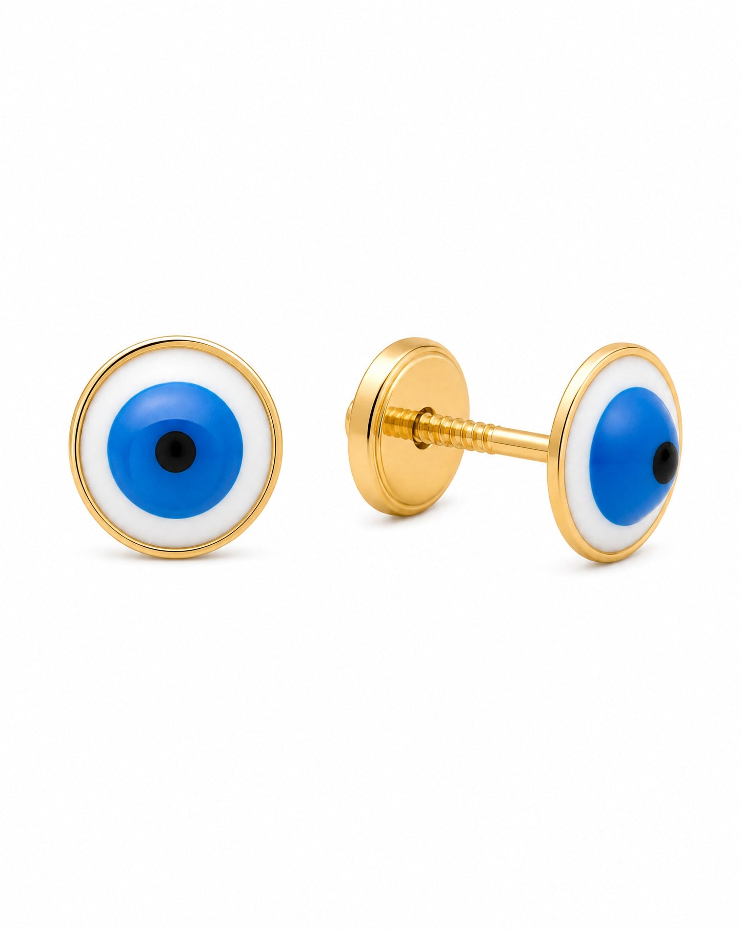 14K Yellow Gold Medium Rounded Evil Eye Enamel Screwback Earrings