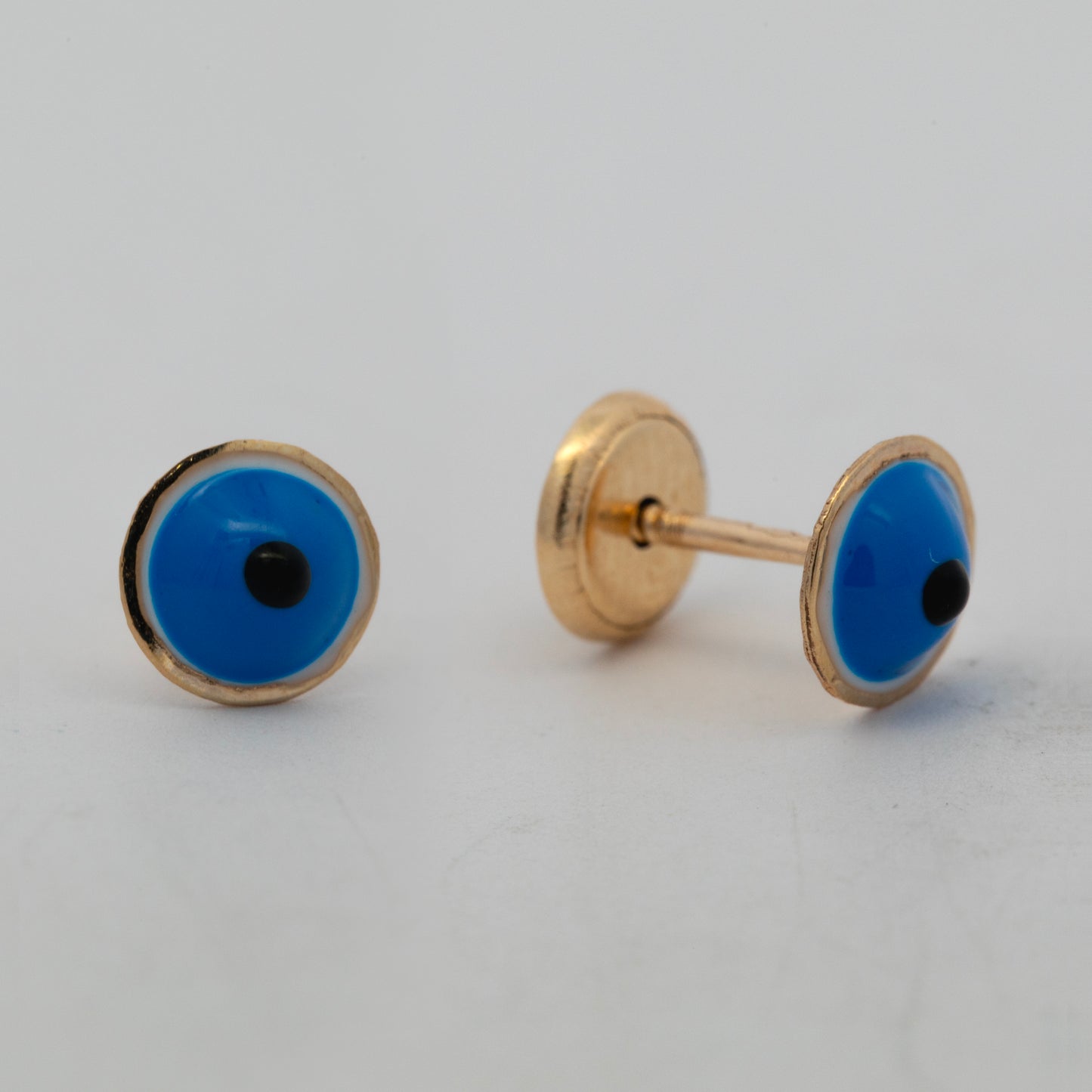 14K Yellow Gold Small Rounded Evil Eye Enamel Screwback Earrings