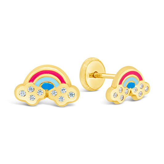 14K Yellow Gold CZ Rainbow Enamel Screwback Earrings
