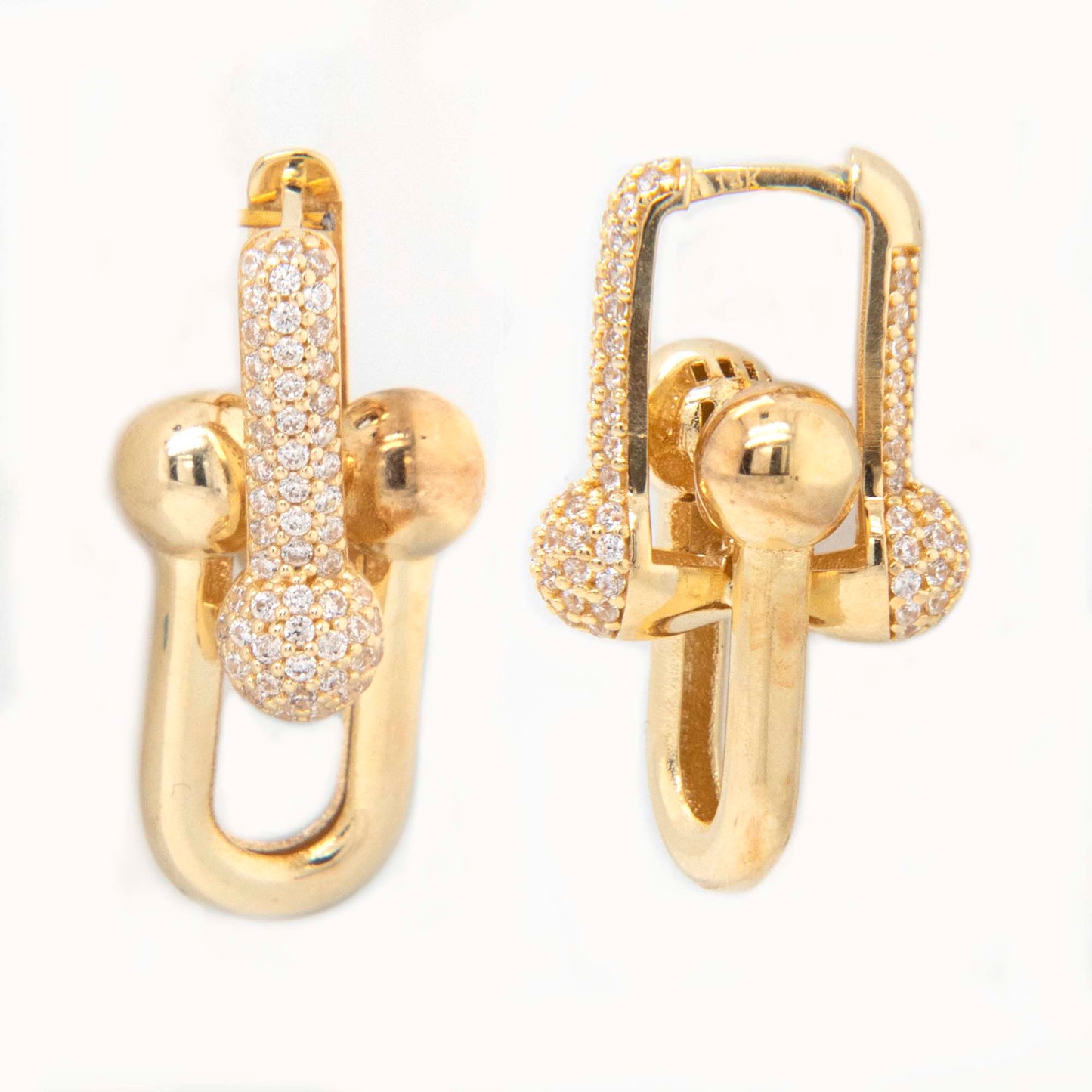 14k Yellow Gold CZ Micro Pave Double U Link Huggie Earring