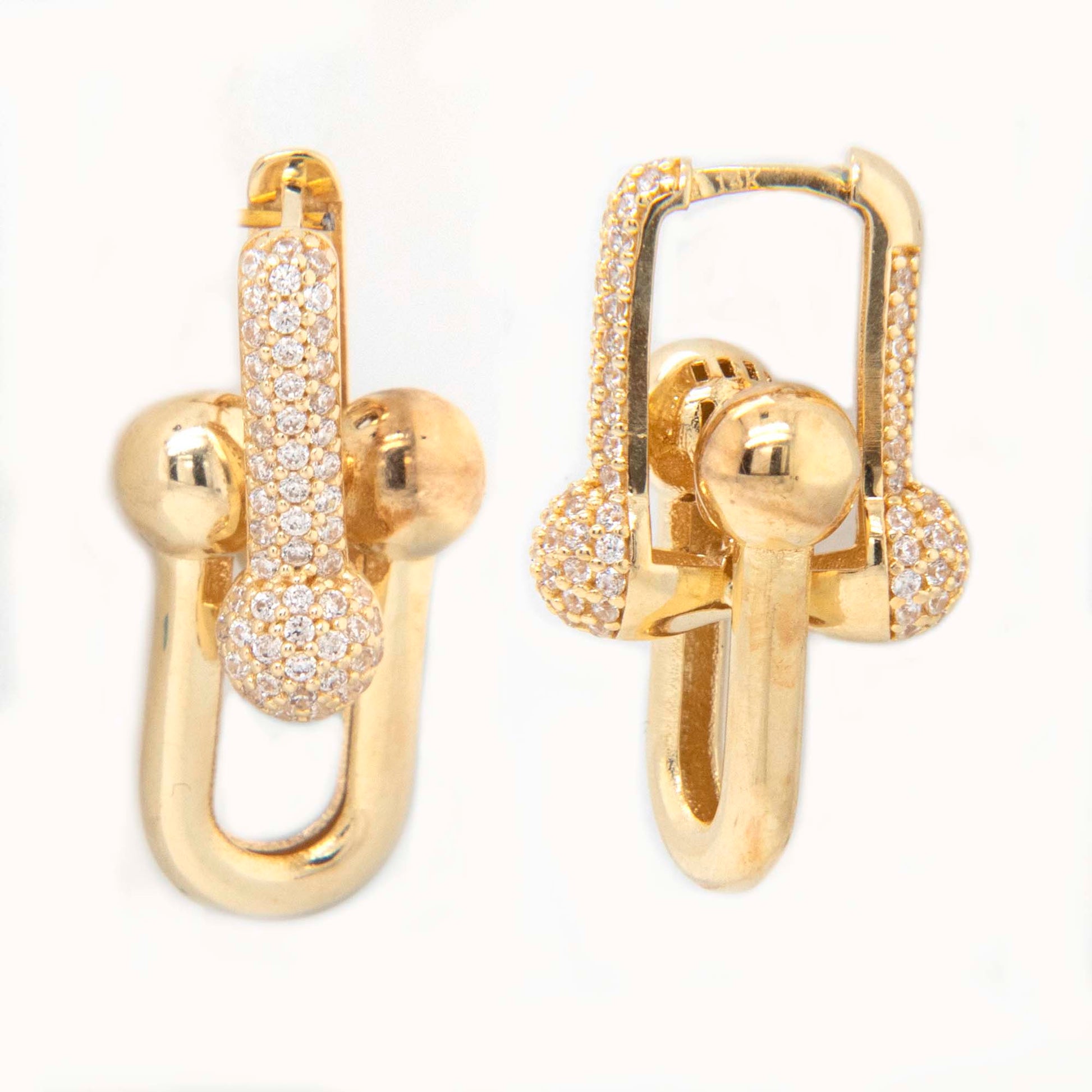 14k Yellow Gold CZ Micro Pave Double U Link Huggie Earring