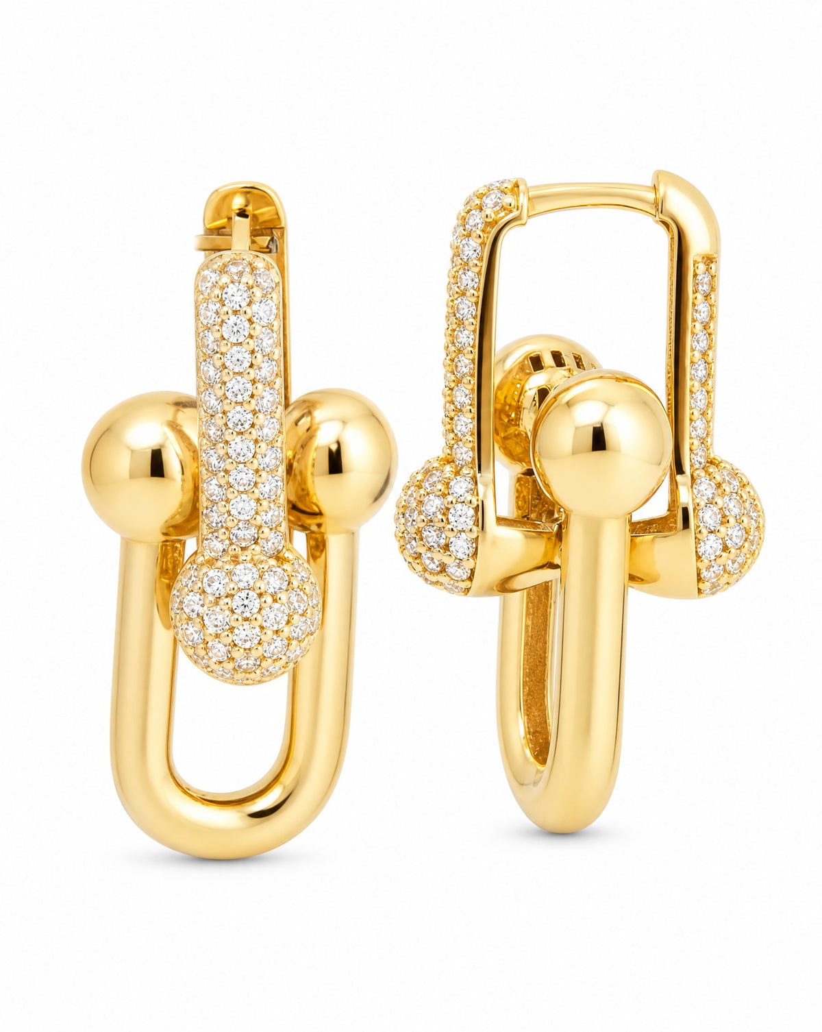 14k Yellow Gold CZ Micro Pave Double U Link Huggie Earring