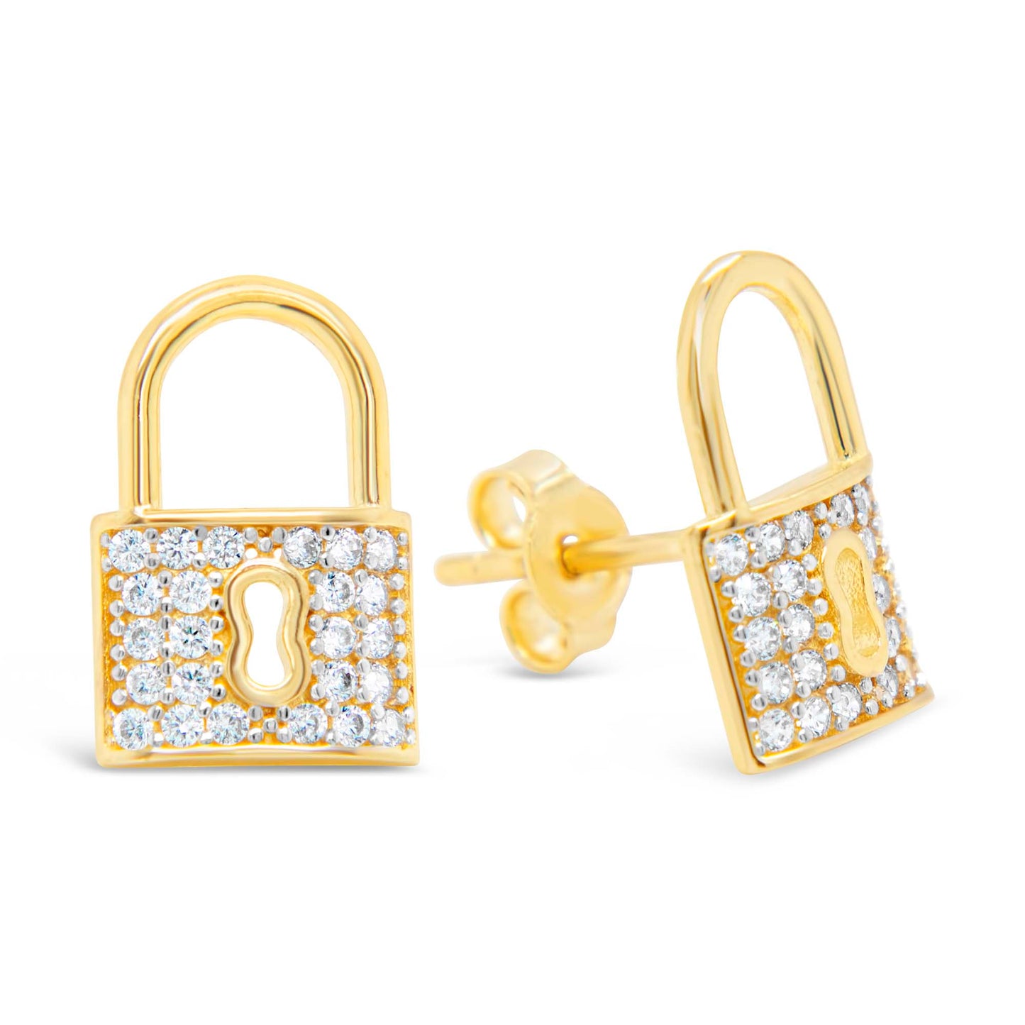 14k Yellow Gold White CZ Lock Earring