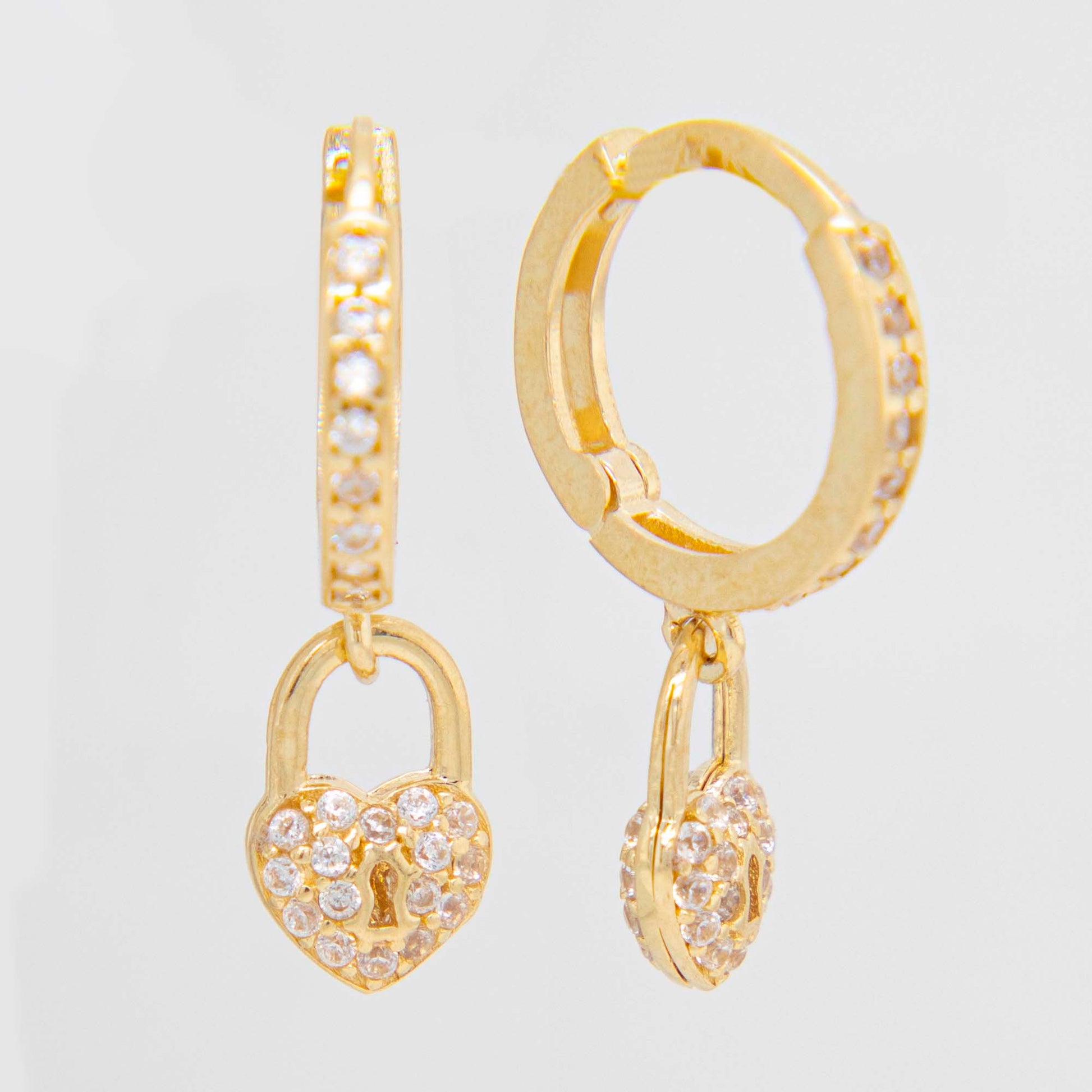 14k Yellow Gold Micro Pave CZ Dangling Heart Huggie Earring