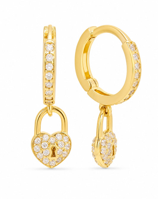 14k Yellow Gold Micro Pave CZ Dangling Heart Huggie Earring