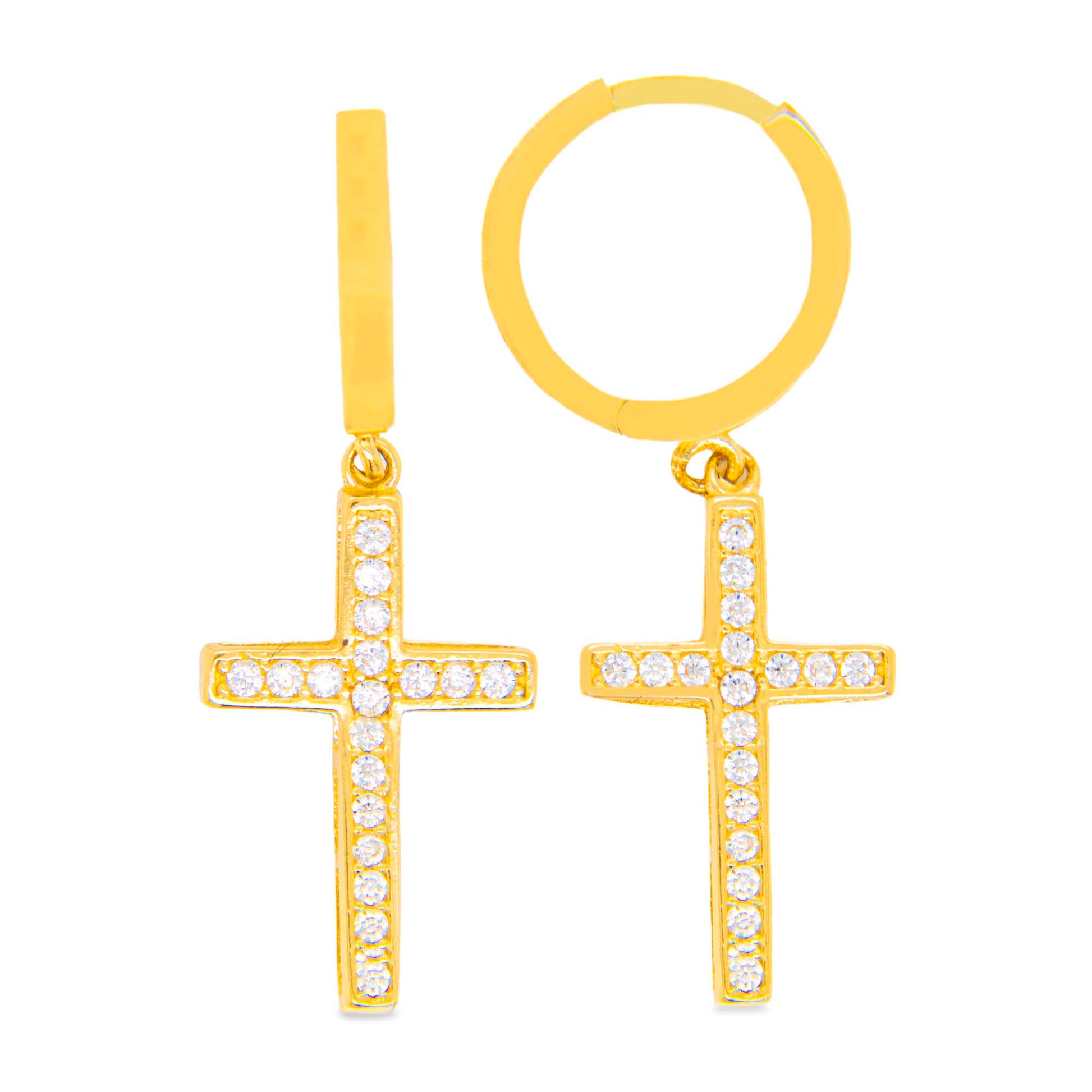 14k Yellow Gold Small Micro Pave CZ Dangling Cross Huggie Earring