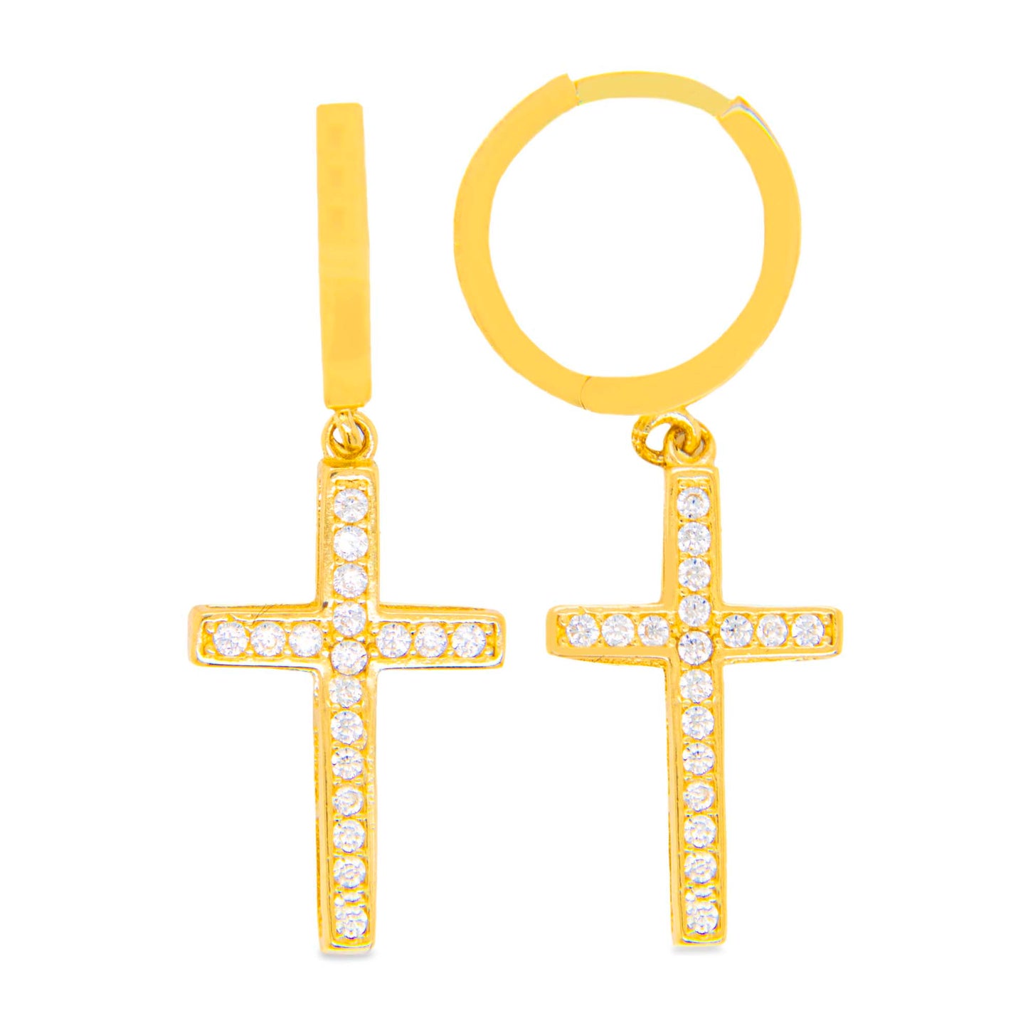 14k Yellow Gold Medium Micro Pave CZ Dangling Cross Huggie Earring