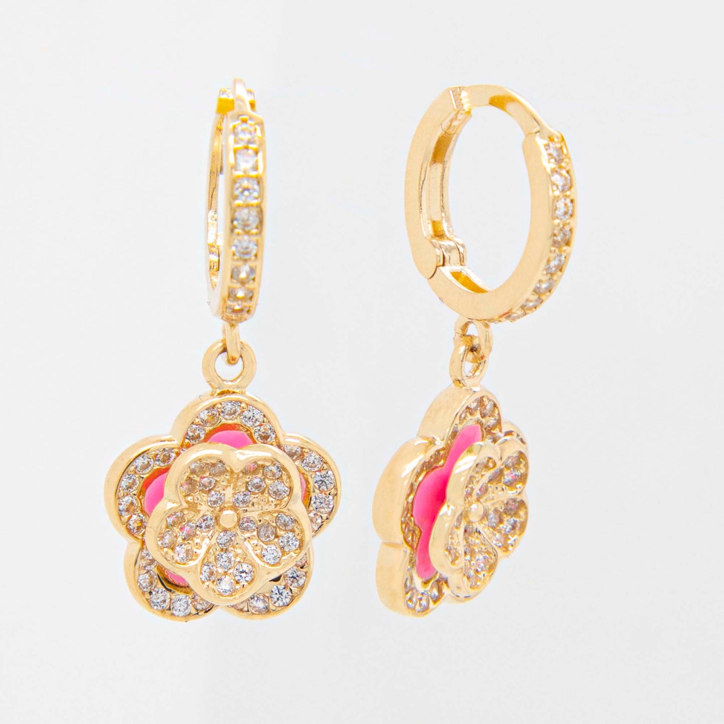 14k Yellow Gold Pink Enamel Flower Huggie Earring