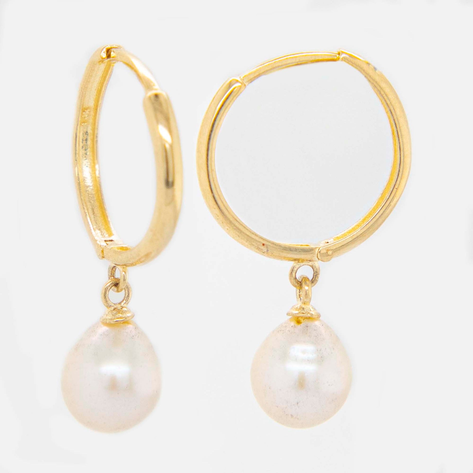 14k Yellow Gold Dangling Pearl Huggie Earring