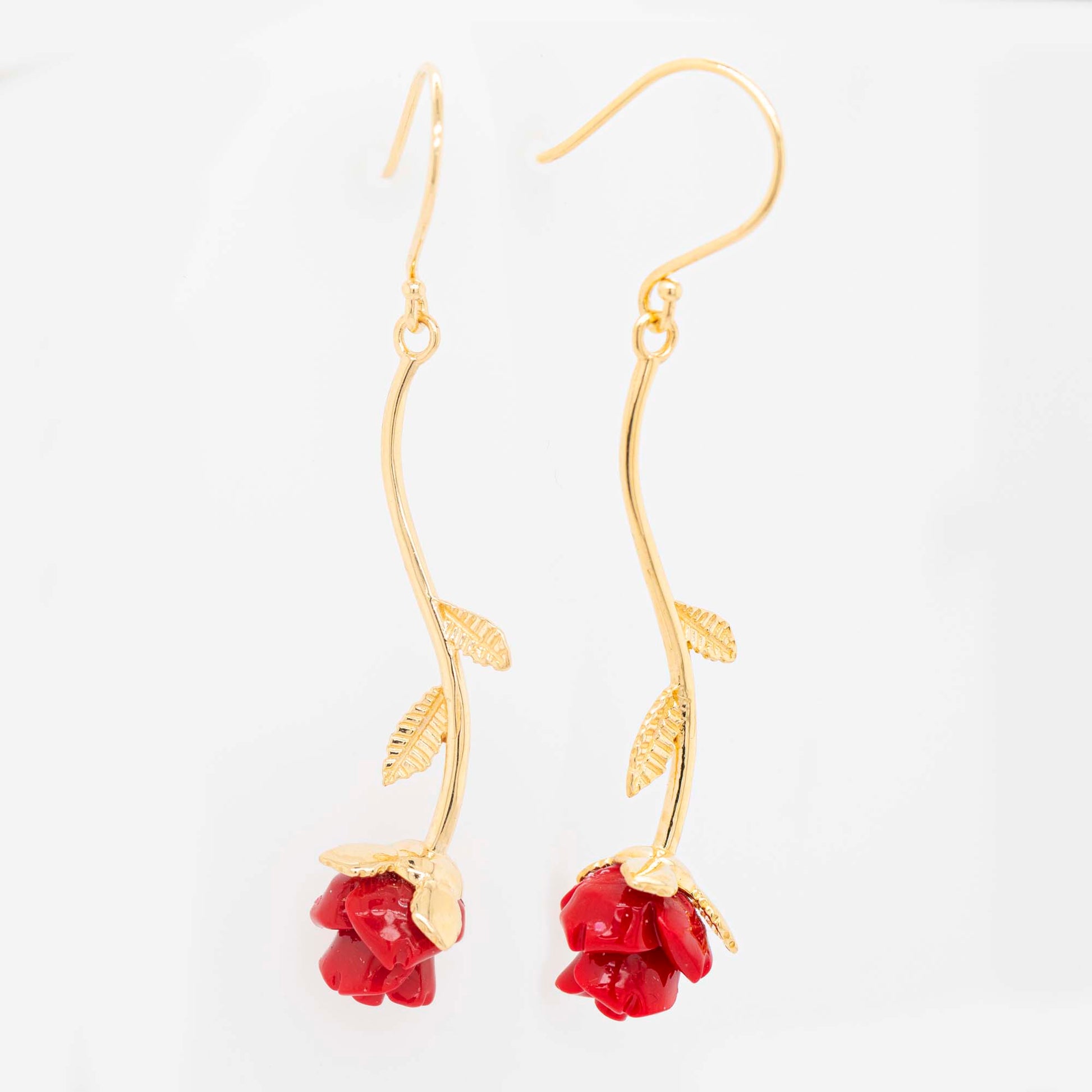 14K Yellow Gold Red Rose Acrylic Dangling Earrings
