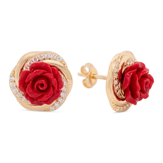 14k Yellow Gold Red Rose Earring