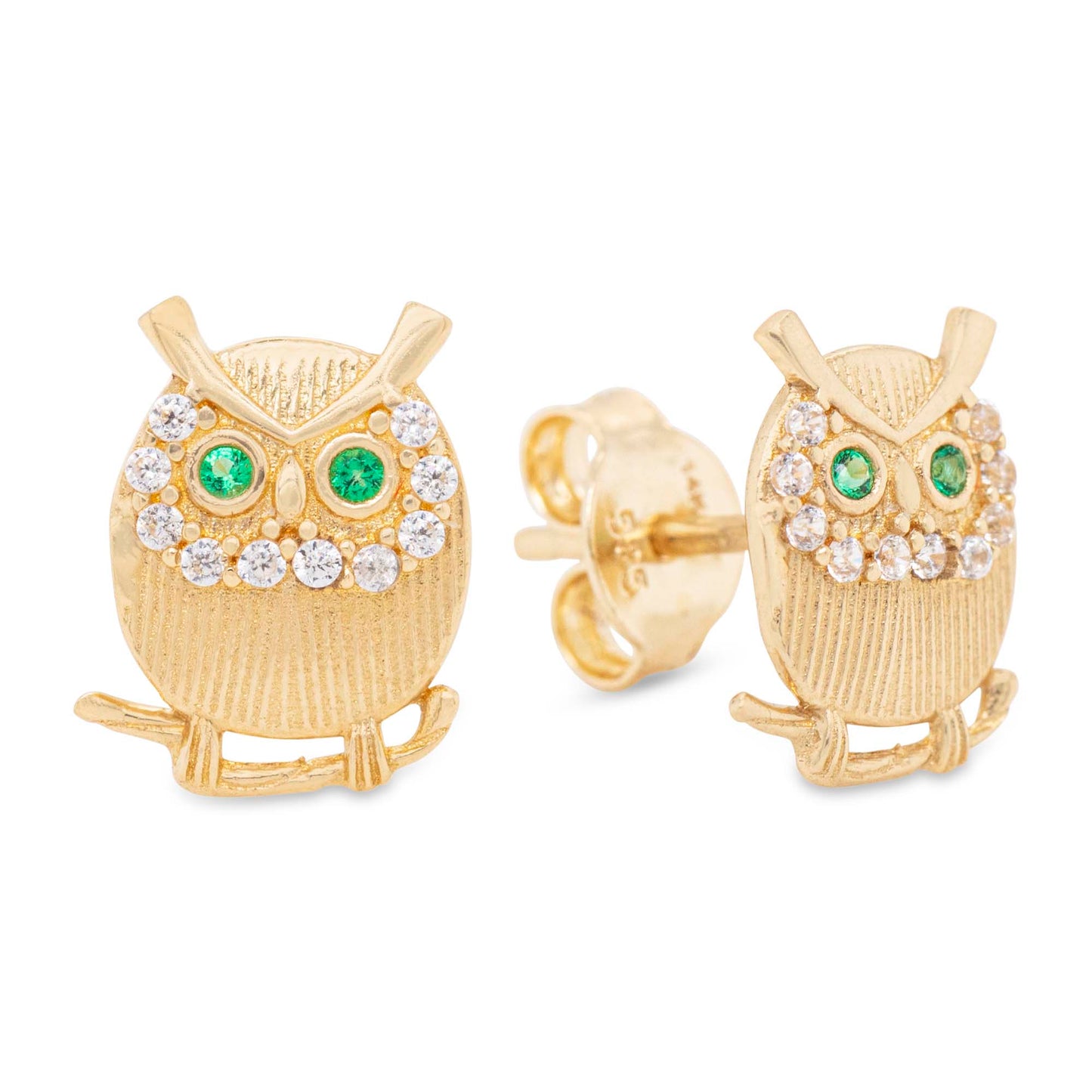 14k Yellow Gold Green CZ Eyes Owl Earring