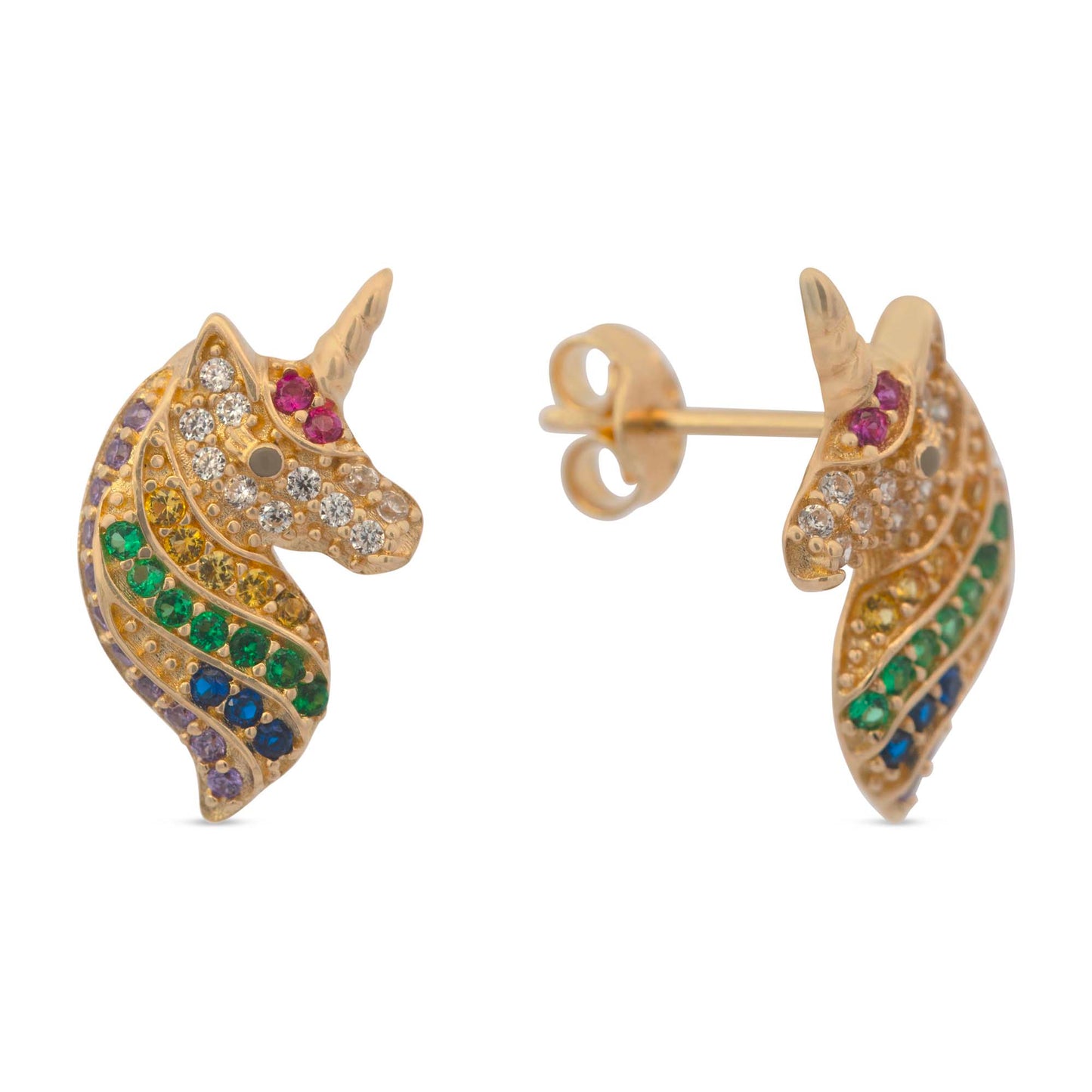 14k Yellow Gold CZ Multicolor Unicorn Earring