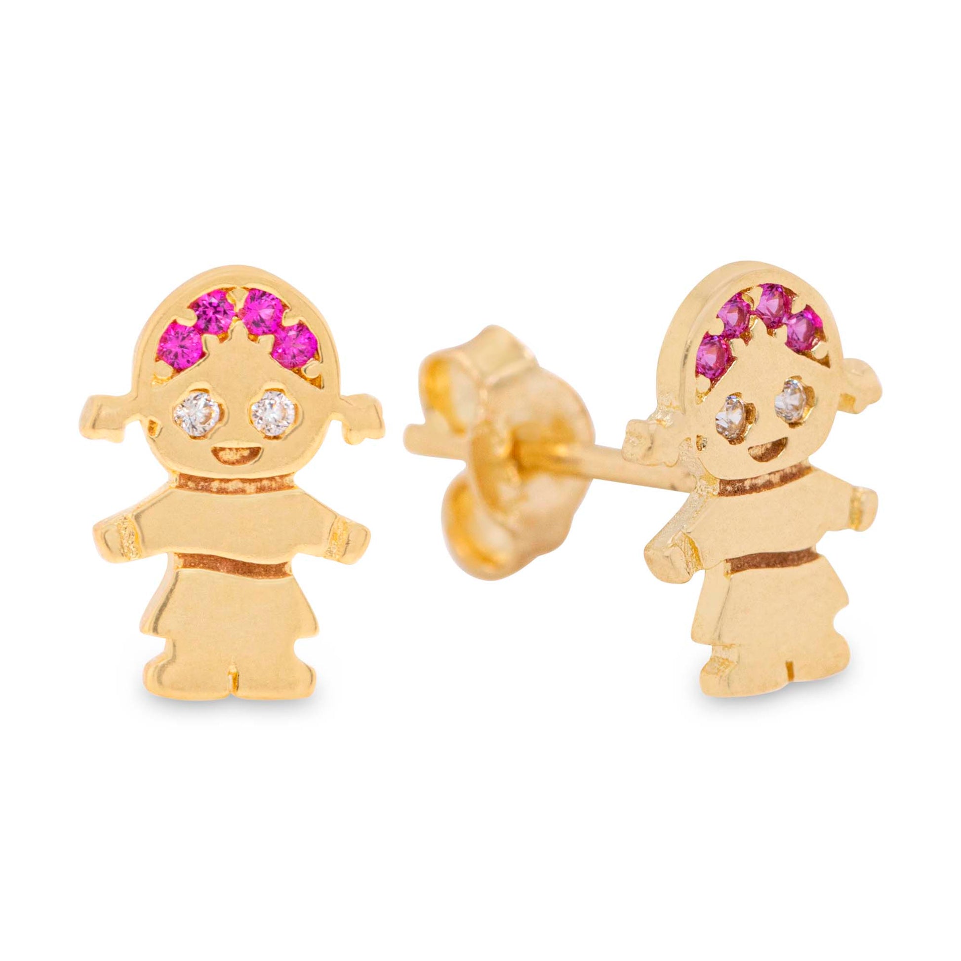 14k Yellow Gold Red CZ Girl Earring
