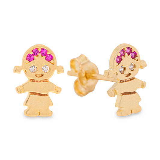 14k Yellow Gold Red CZ Girl Earring