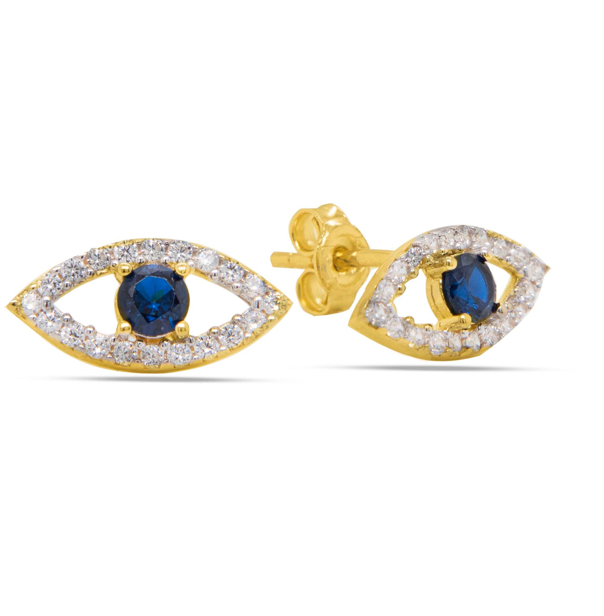 14k Yellow Gold Blue and White CZ Evil Eye Earring