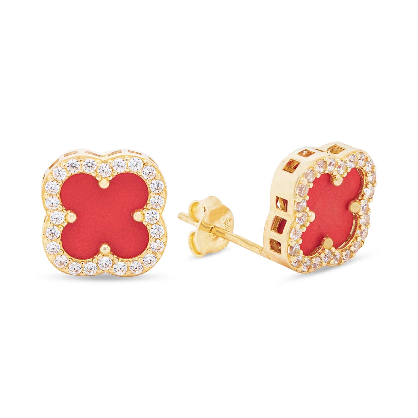 14k Yellow Gold Red Acrylic Clover Earring