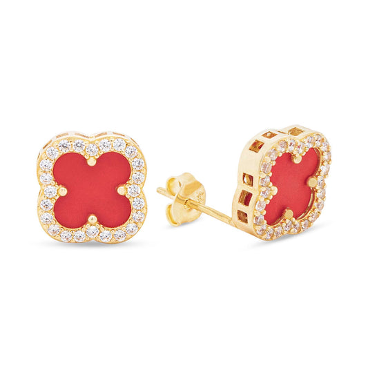 14k Yellow Gold Red Acrylic Clover Earring