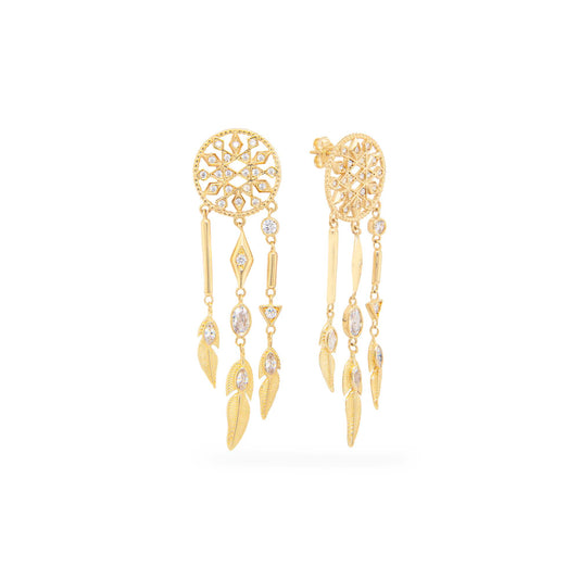 14K Yellow Gold CZ Dreamcatcher Dangling Earrings