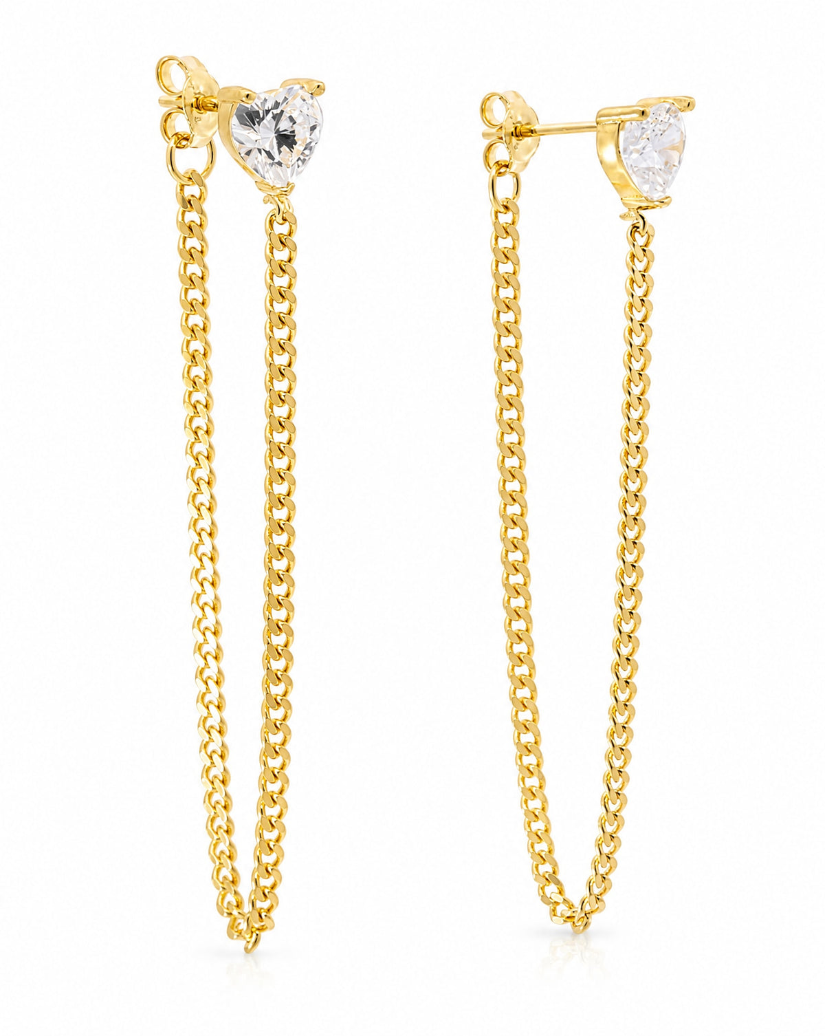 14K Yellow Gold Heart CZ Chain Dangling Earrings