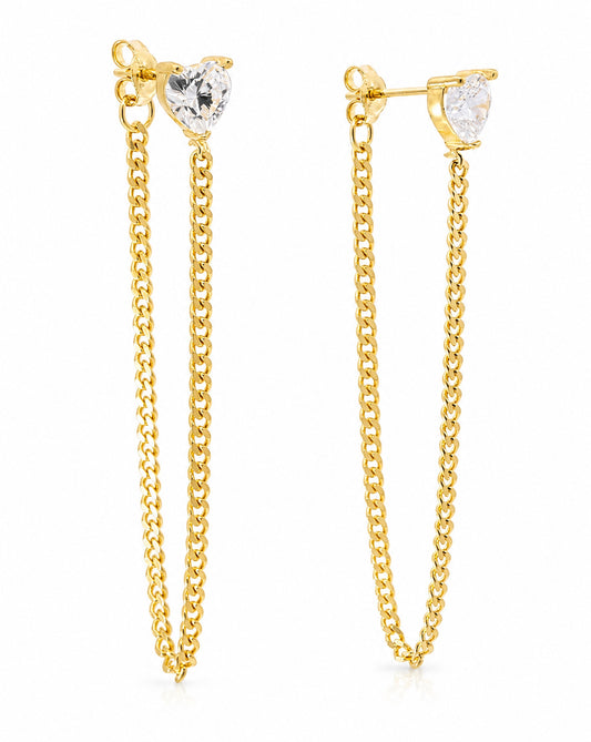 14K Yellow Gold Heart CZ Chain Dangling Earrings