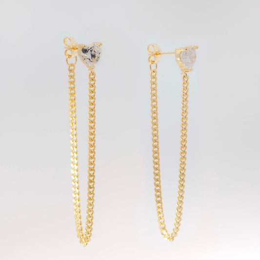14K Yellow Gold Heart CZ Chain Dangling Earrings