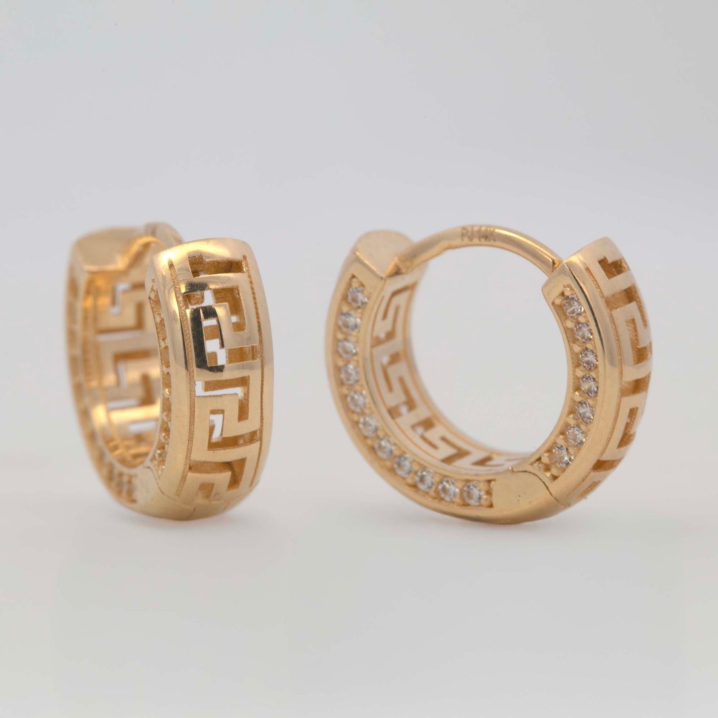 14k Yellow Gold 10mm CZ Greek Pattern Huggie Earring
