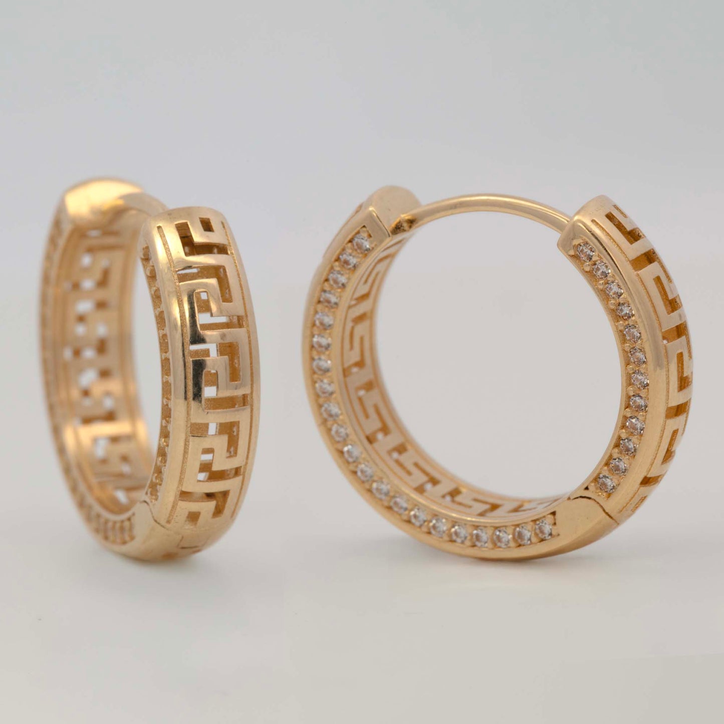 14k Yellow Gold 15mm CZ Greek Pattern Huggie Earring