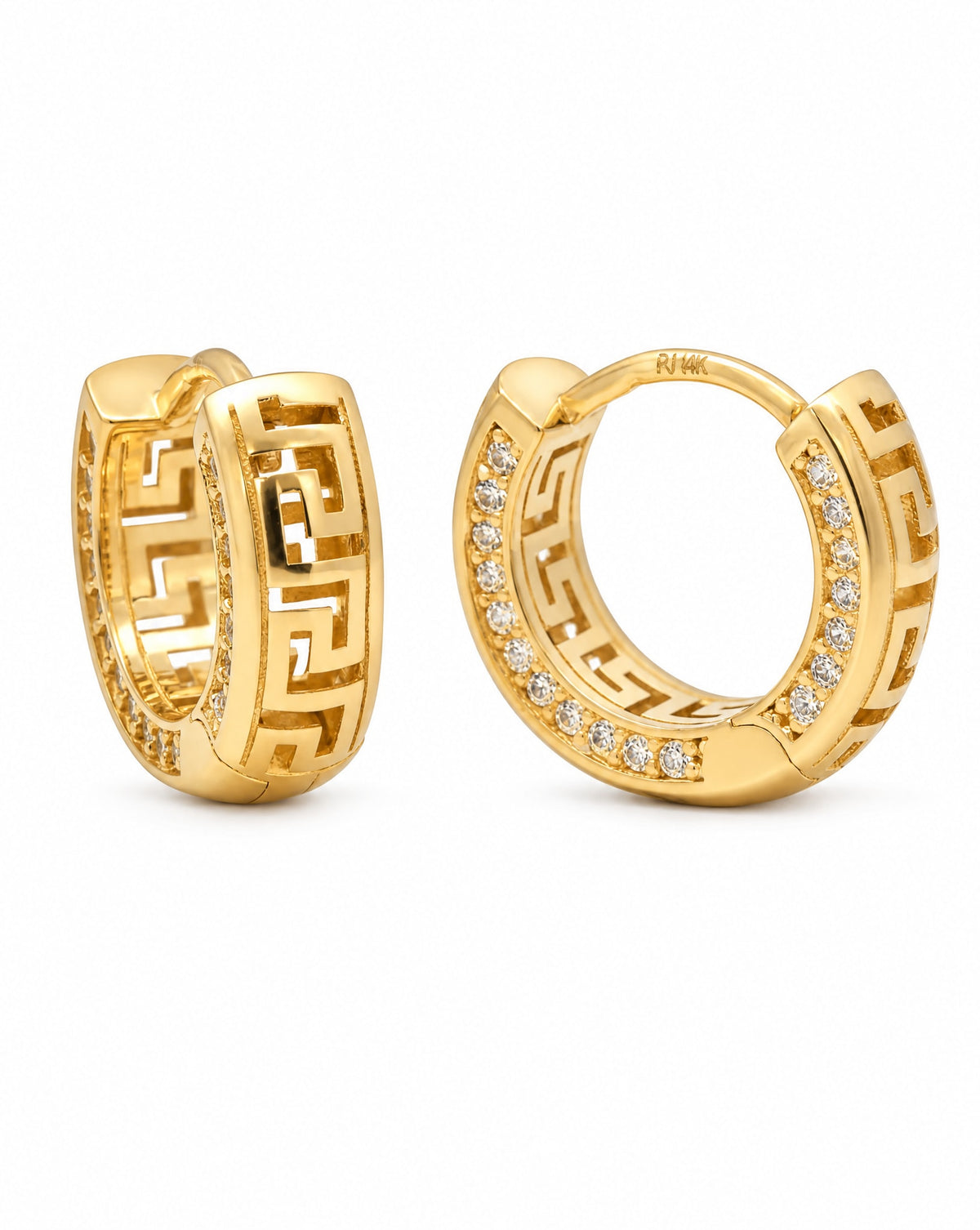 14k Yellow Gold 15mm CZ Greek Pattern Huggie Earring
