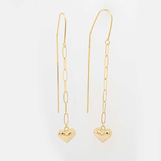 14K Yellow Gold Puffed Heart Dangling Earrings