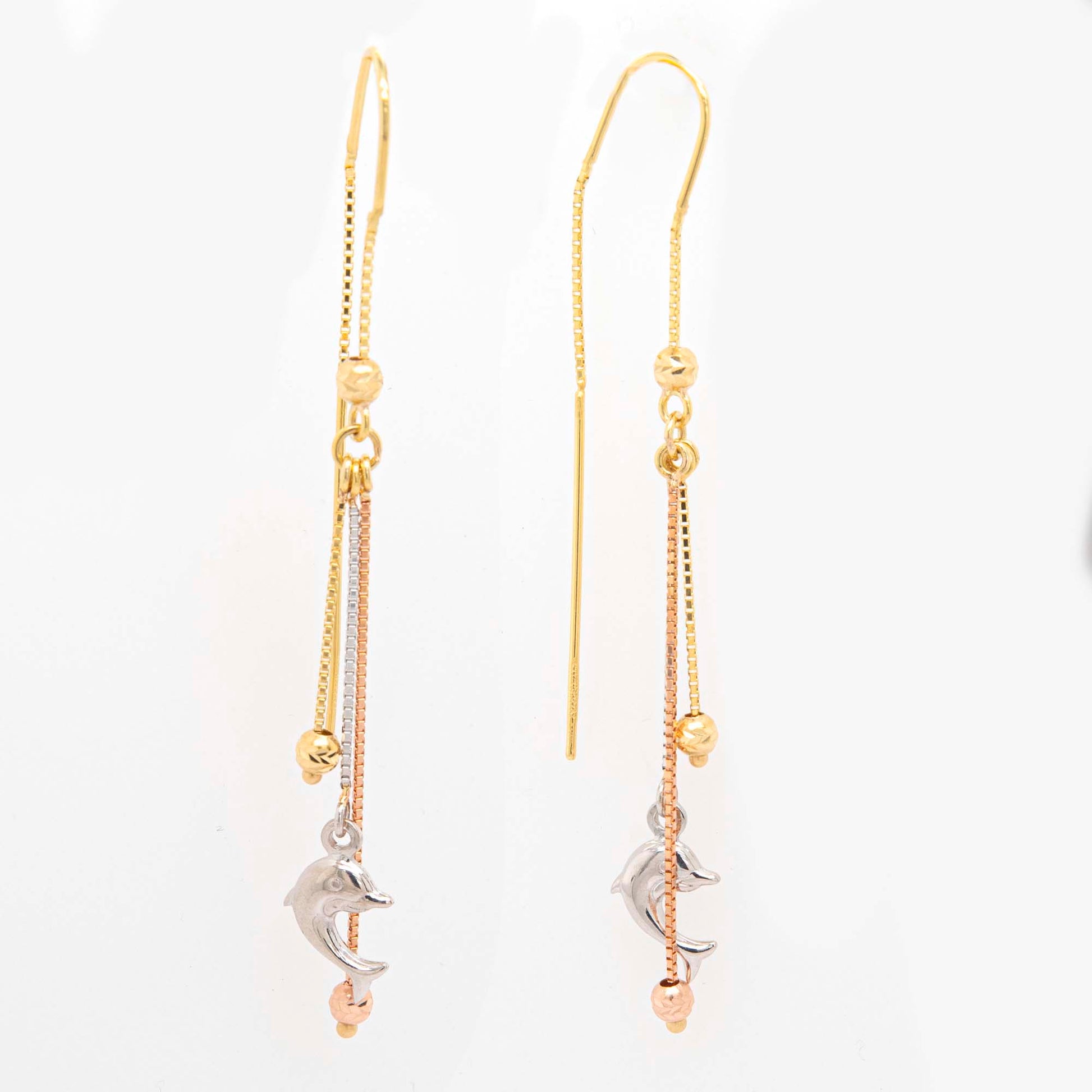 14K Tri-Color Gold Dolphin Dangling Earrings