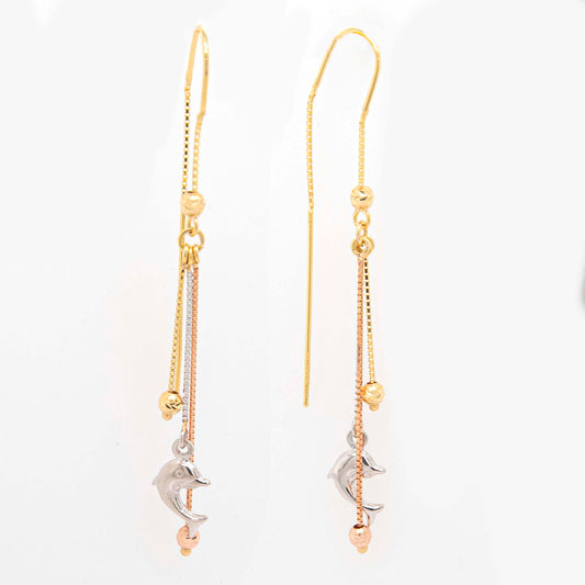 14K Tri-Color Gold Dolphin Dangling Earrings