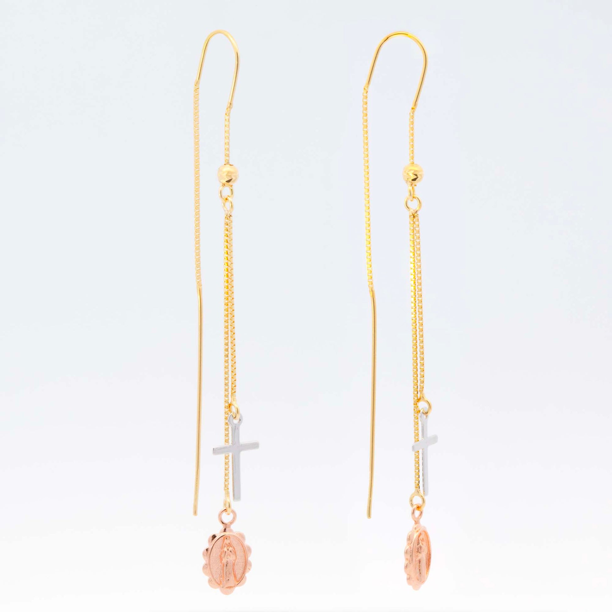 14K Tri-Color Gold Cross & Medal Dangling Earrings
