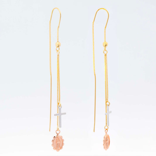 14K Tri-Color Gold Cross & Medal Dangling Earrings