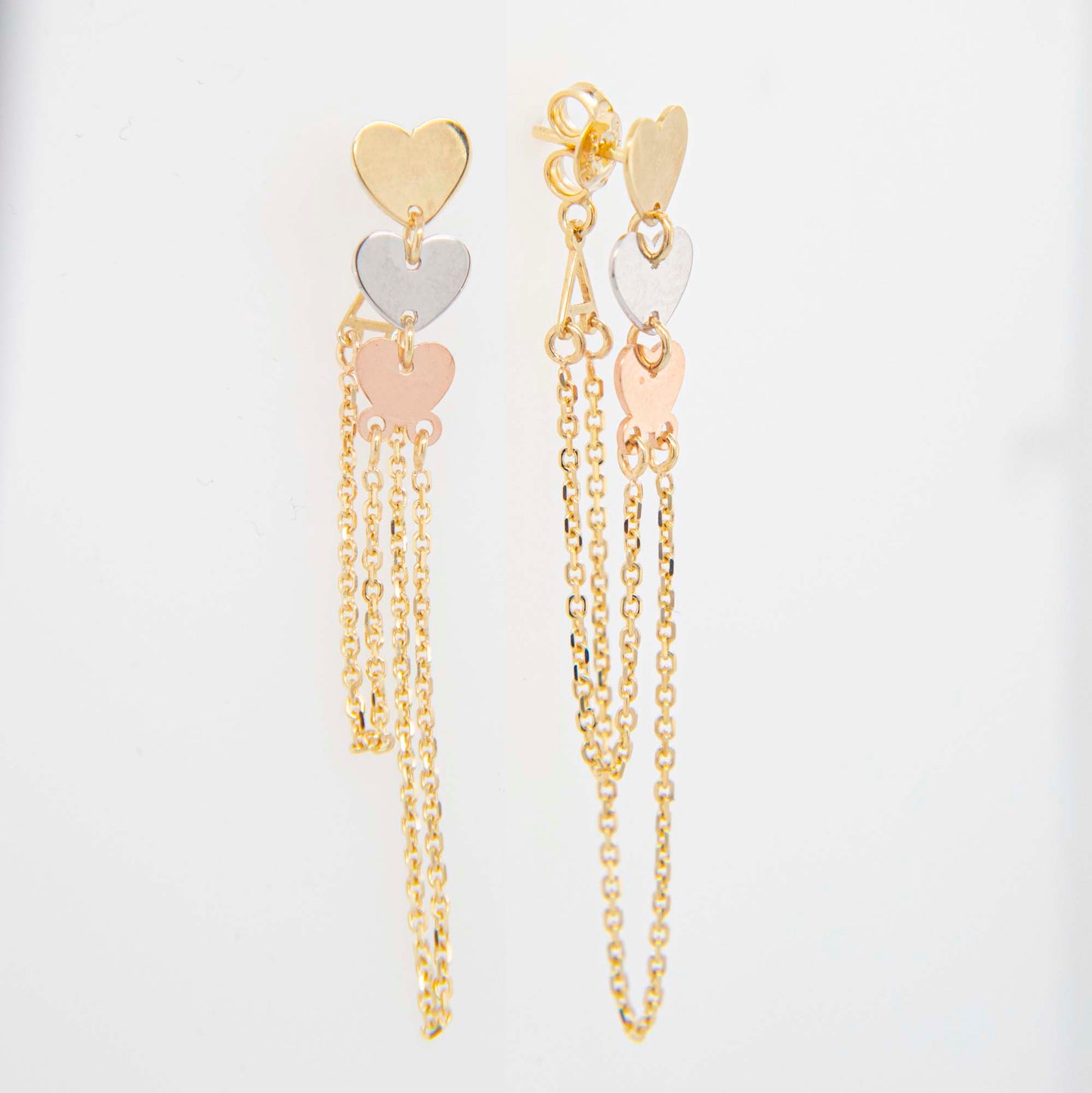 14K Tri-Color Gold Hearts Dangling Earrings
