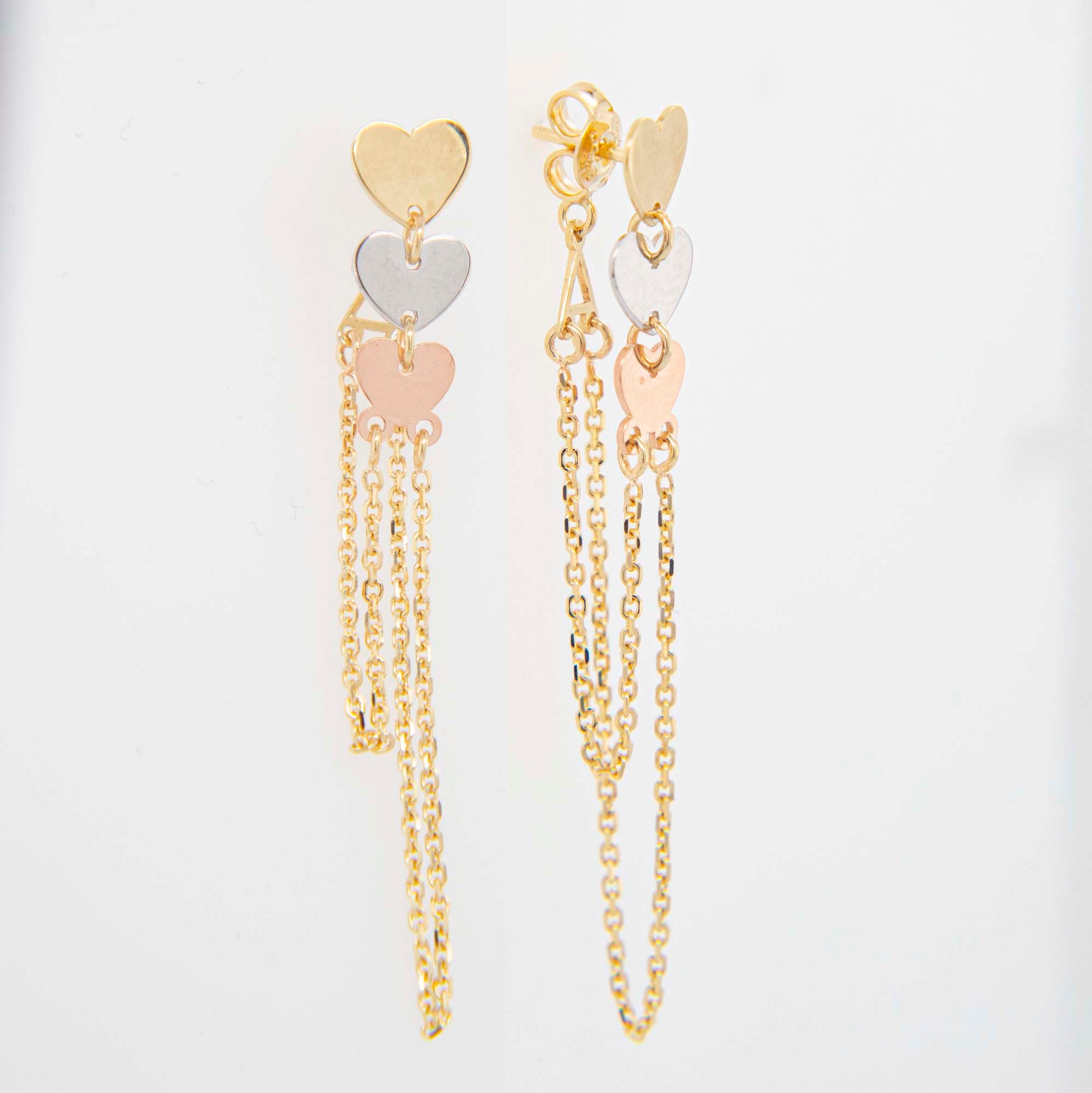 14K Tri-Color Gold Hearts Dangling Earrings