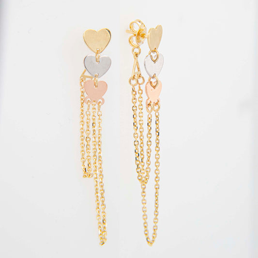 14K Tri-Color Gold Hearts Dangling Earrings