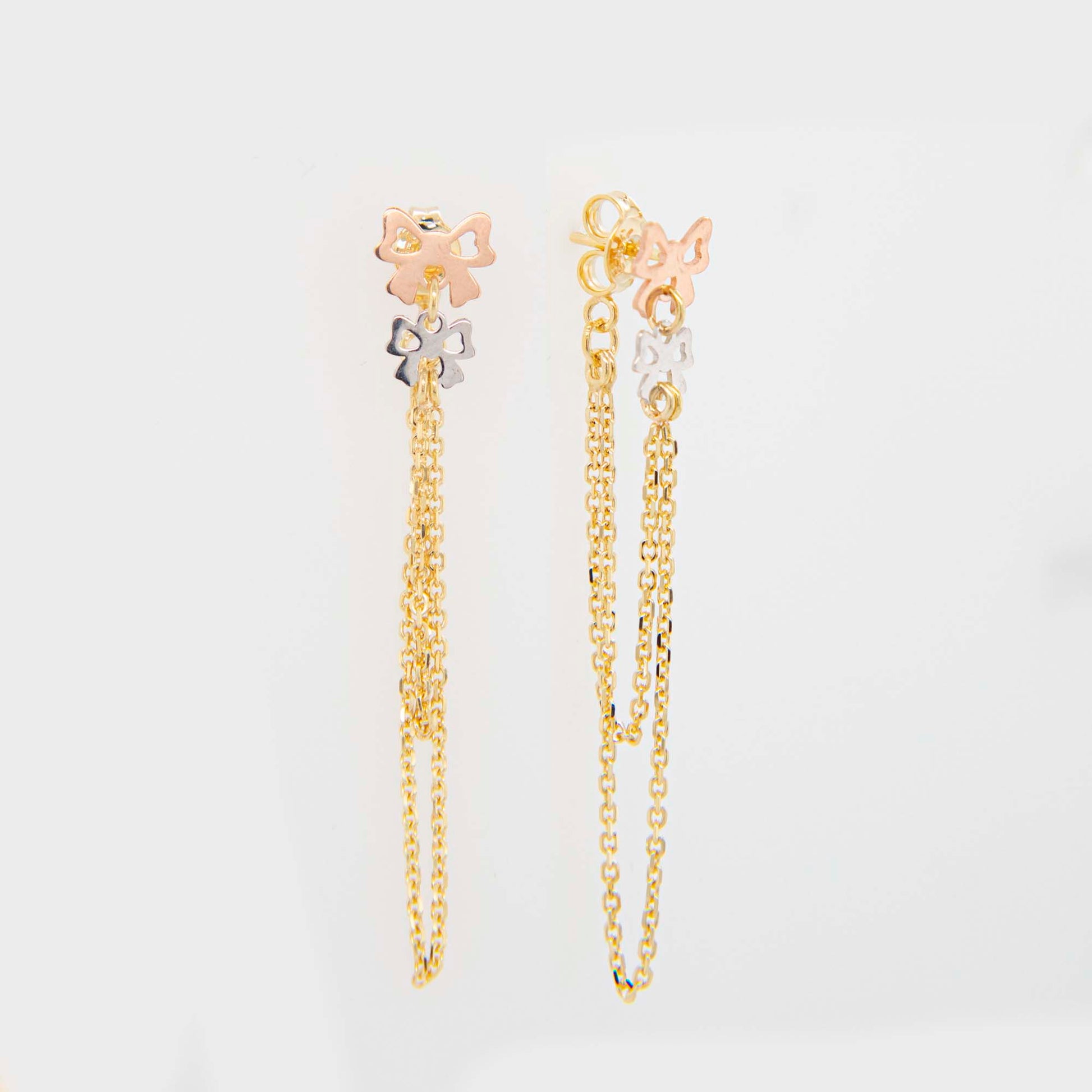 14K Tri-Color Gold Bow Dangling Earrings
