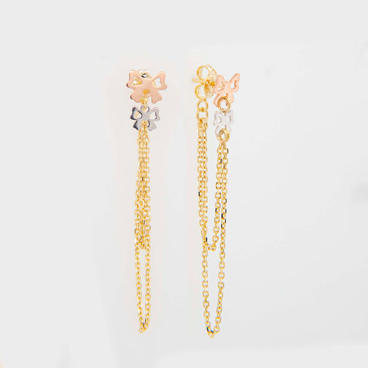 14K Tri-Color Gold Bow Dangling Earrings