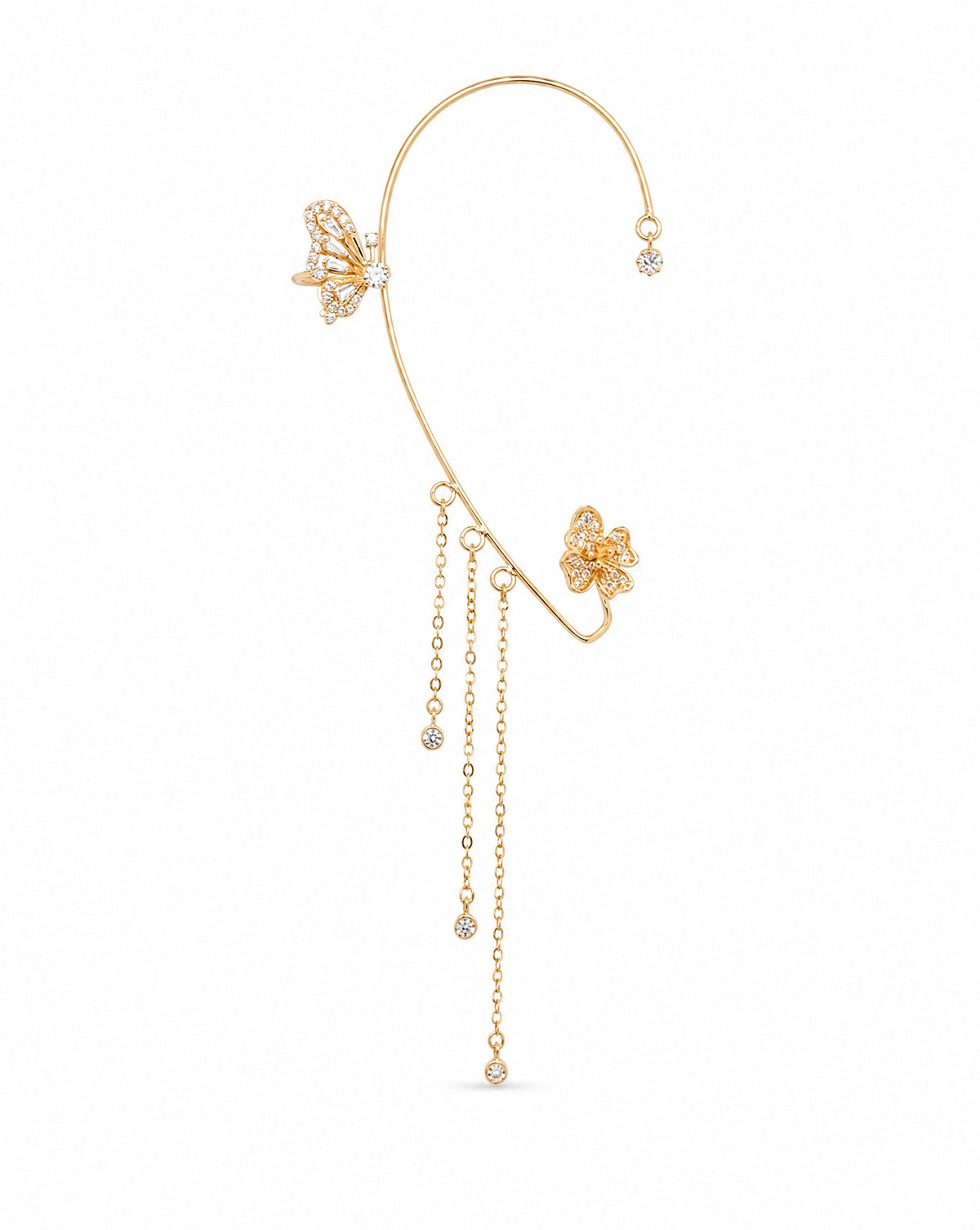 14K Yellow Gold CZ Butterfly Flower Dangling Ear Climber