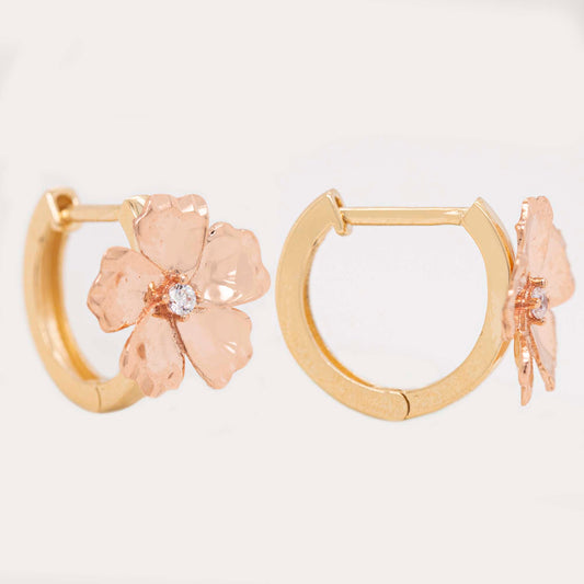 14k 2 Tones Gold 3D Flower Huggie Earring