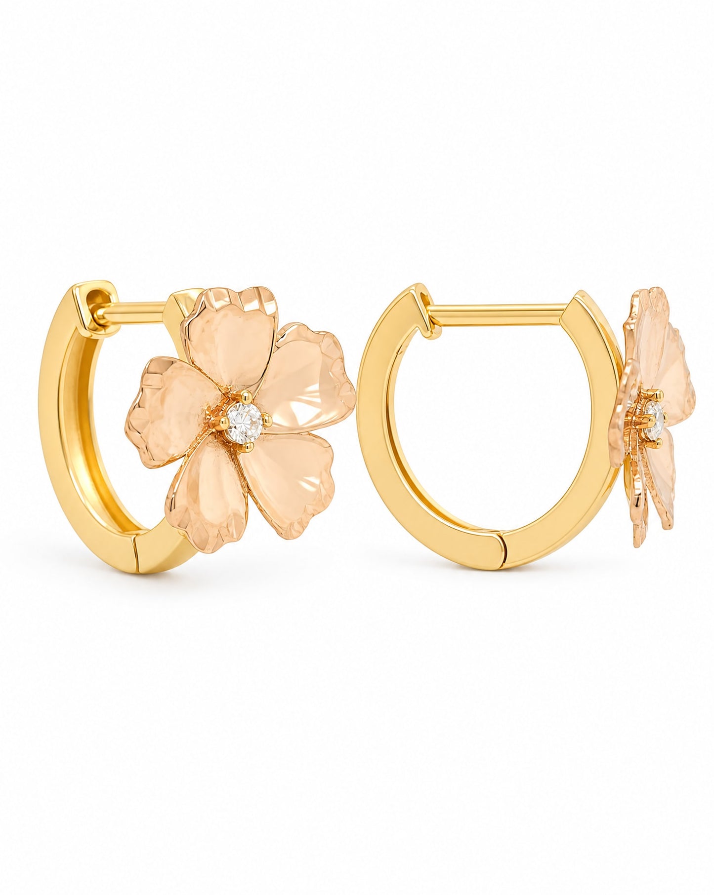 14k 2 Tones Gold 3D Flower Huggie Earring