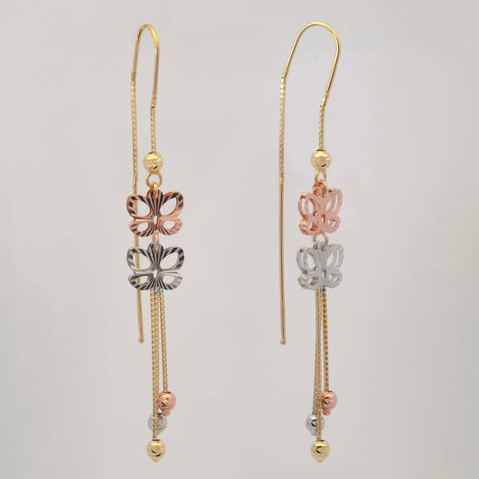 14K Tri-Color Gold Open Butterflies Dangling Earrings