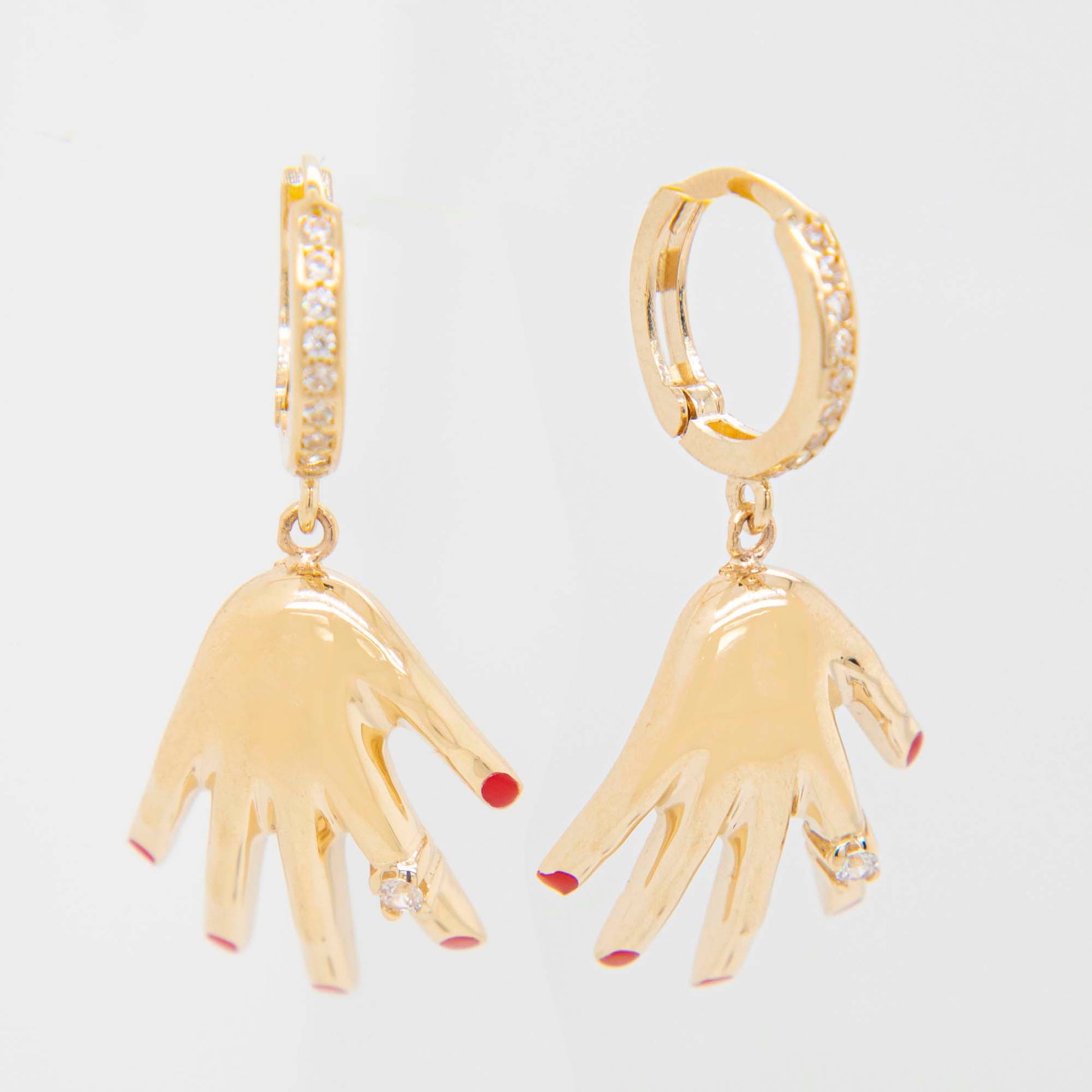 14k Yellow Gold Dangling Hands Huggie Earring