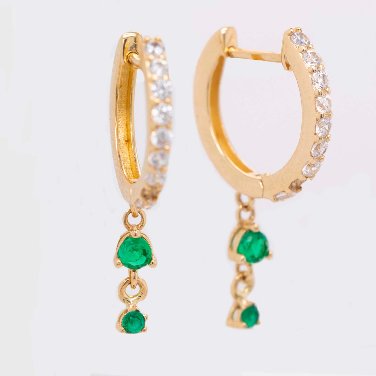 14k Yellow Gold Green CZ Dangling Huggie Earring
