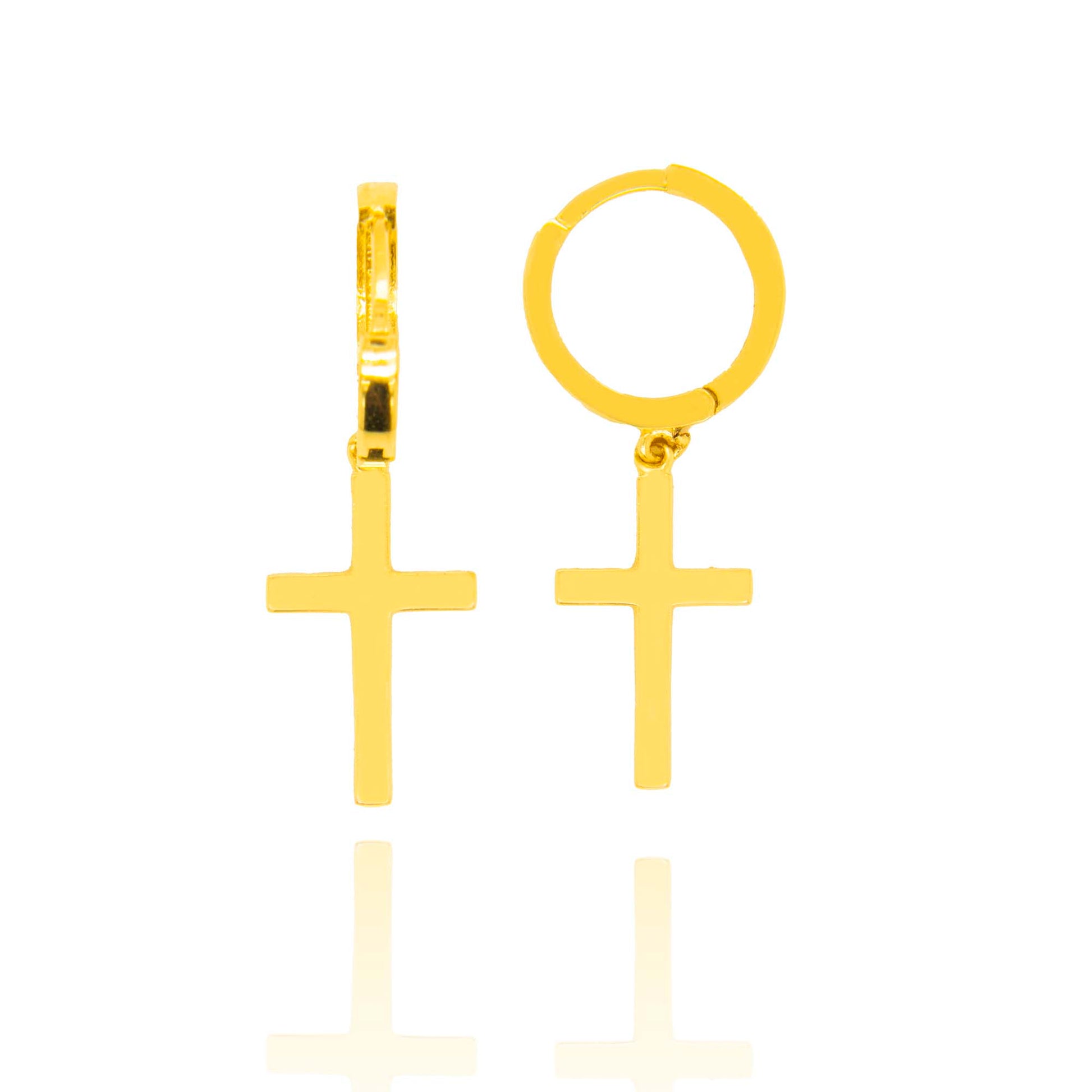 14k Yellow Gold Dangling Cross Huggie Earring