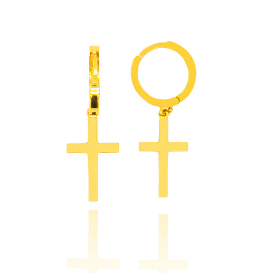 14k Yellow Gold Dangling Cross Huggie Earring